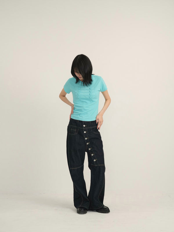 asymmetry button denim pants