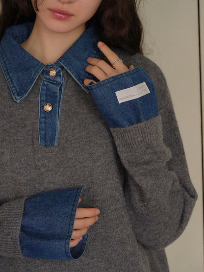 denim collar knit pullover
