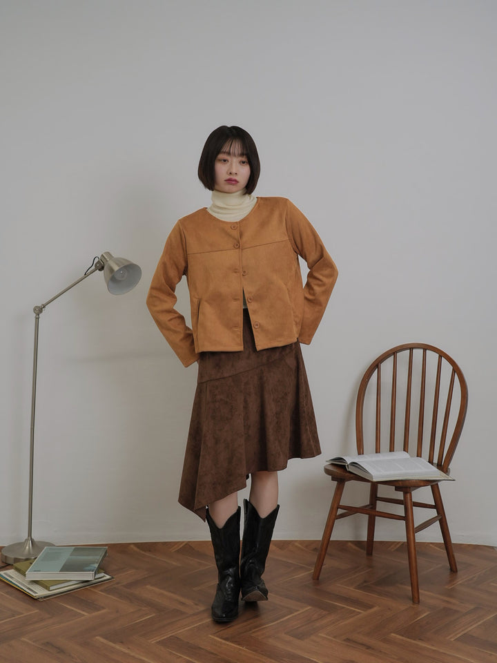 collarless suede jacket