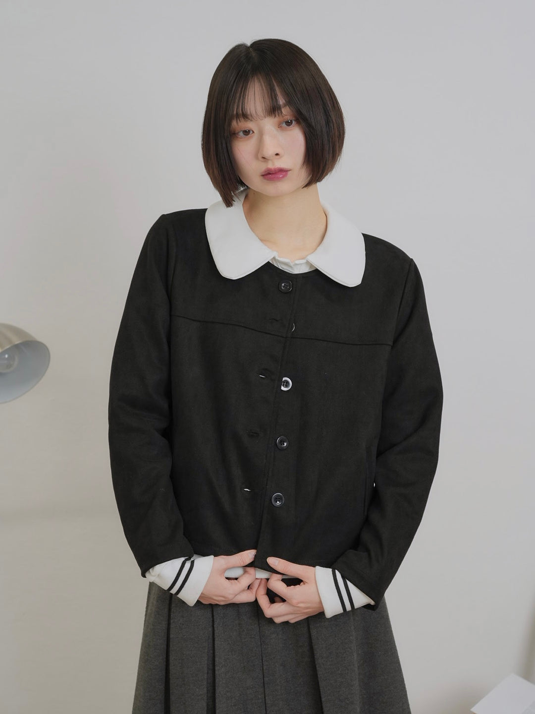 collarless suede jacket