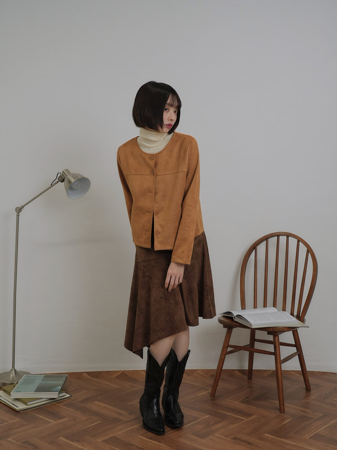 collarless suede jacket