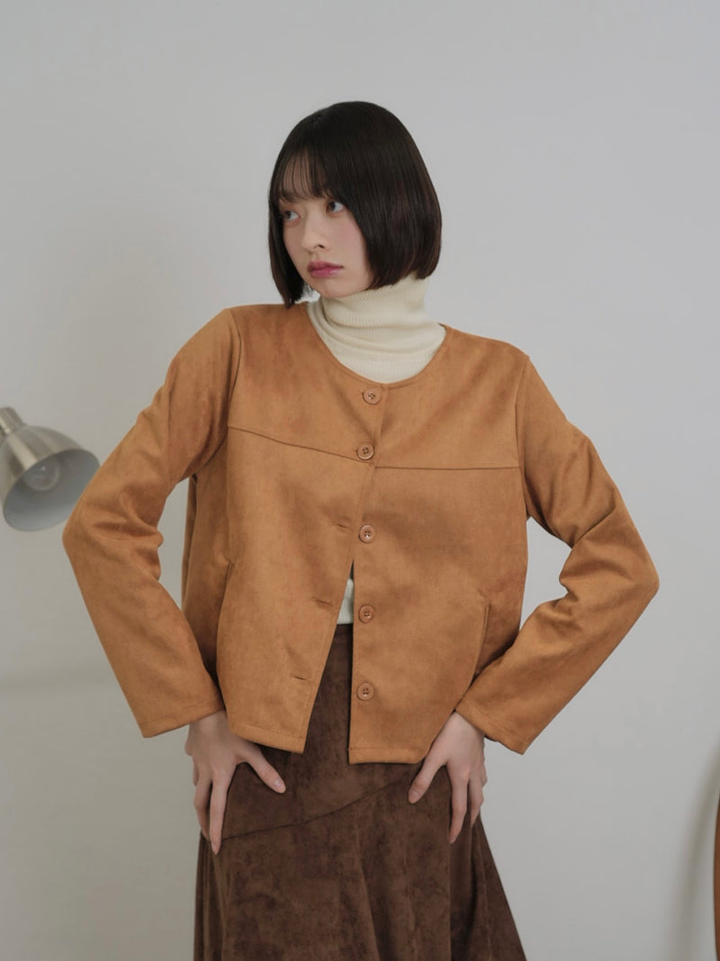 collarless suede jacket
