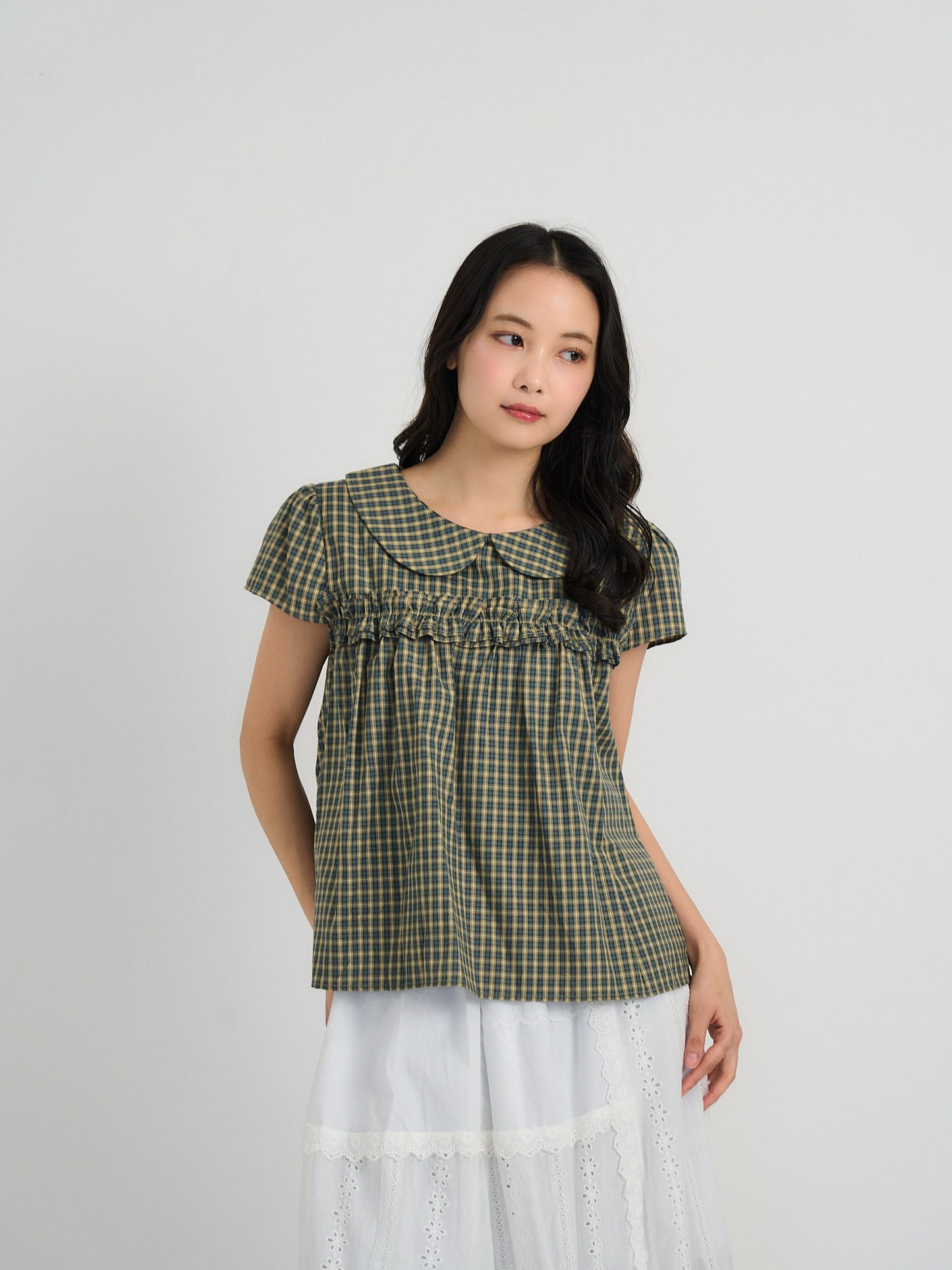 check frill collar blouse