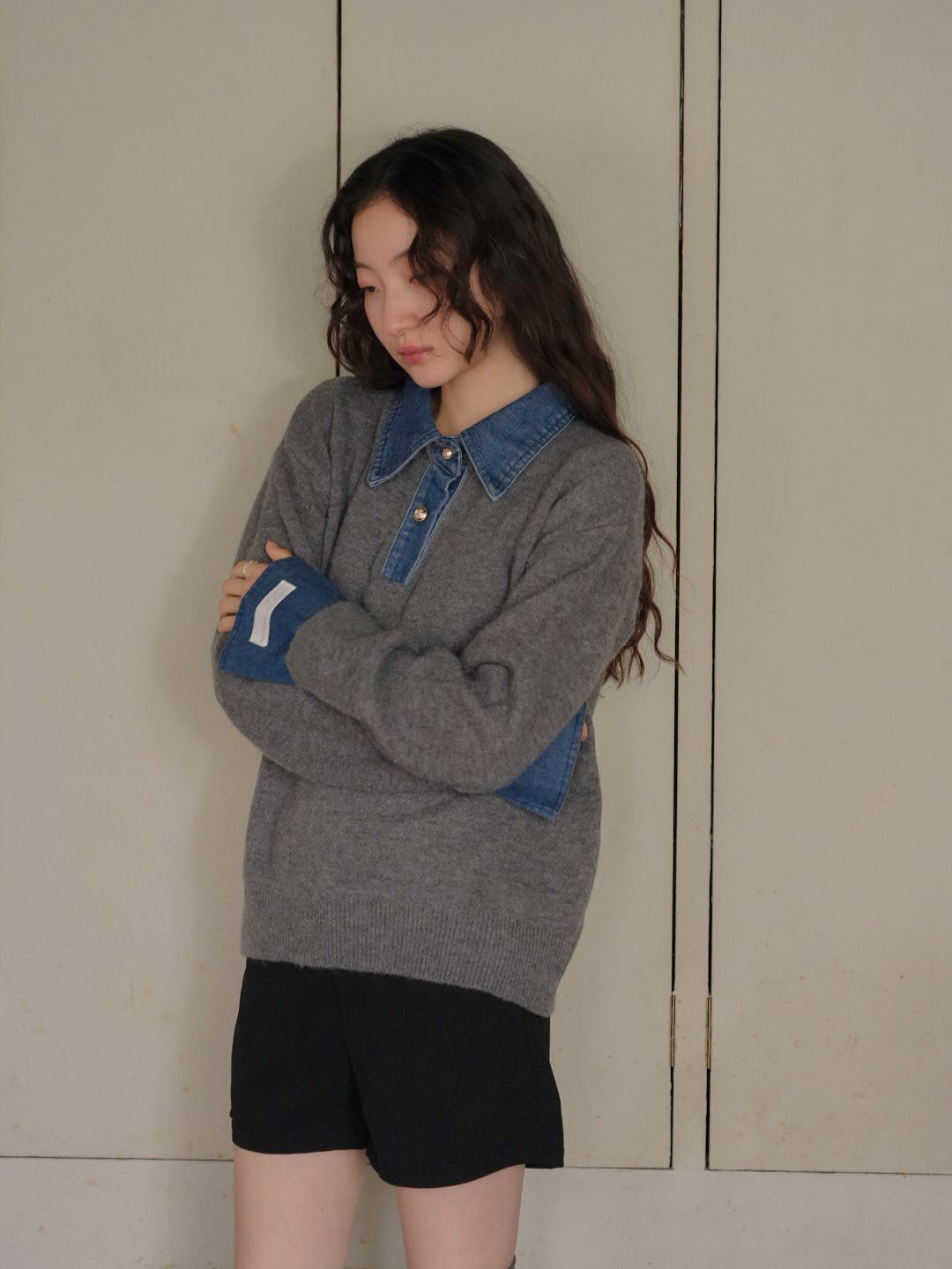 denim collar knit pullover