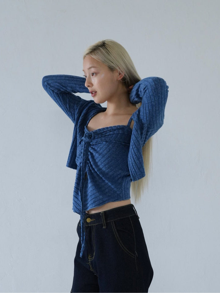 ribbed ruched cami & cardigan set