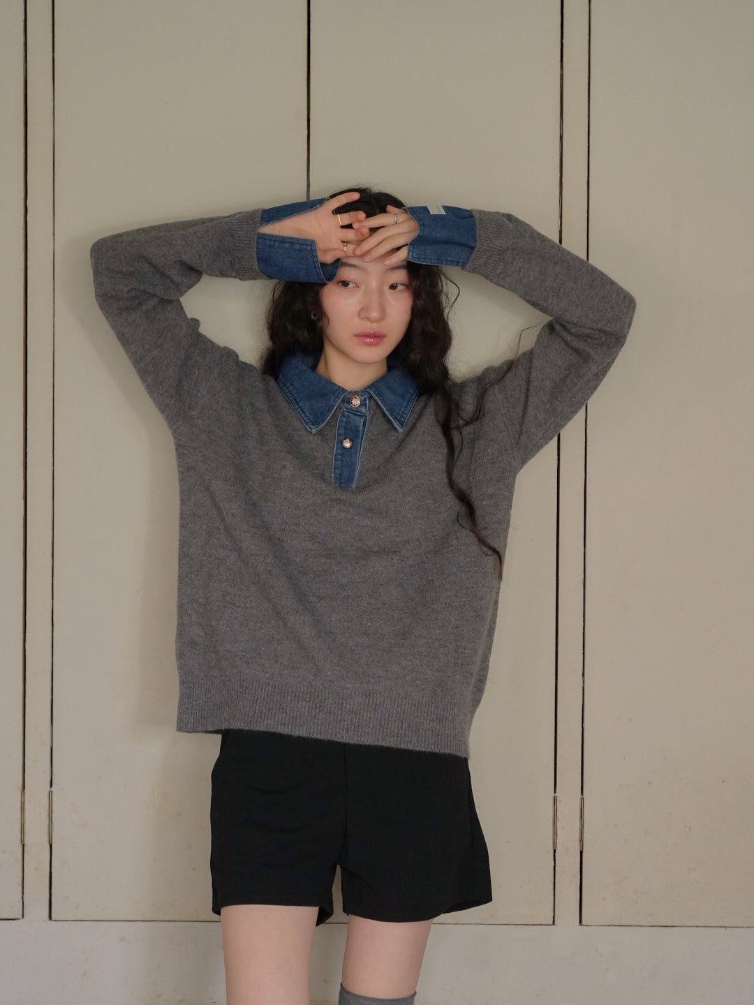 denim collar knit pullover