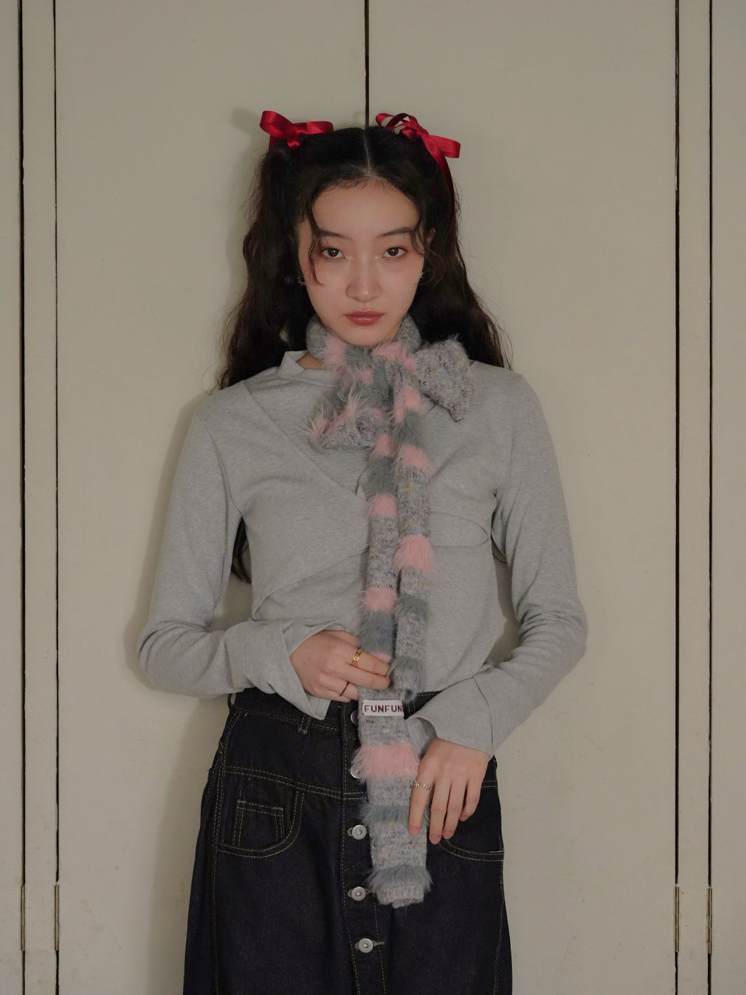 furry stripe knit muffler