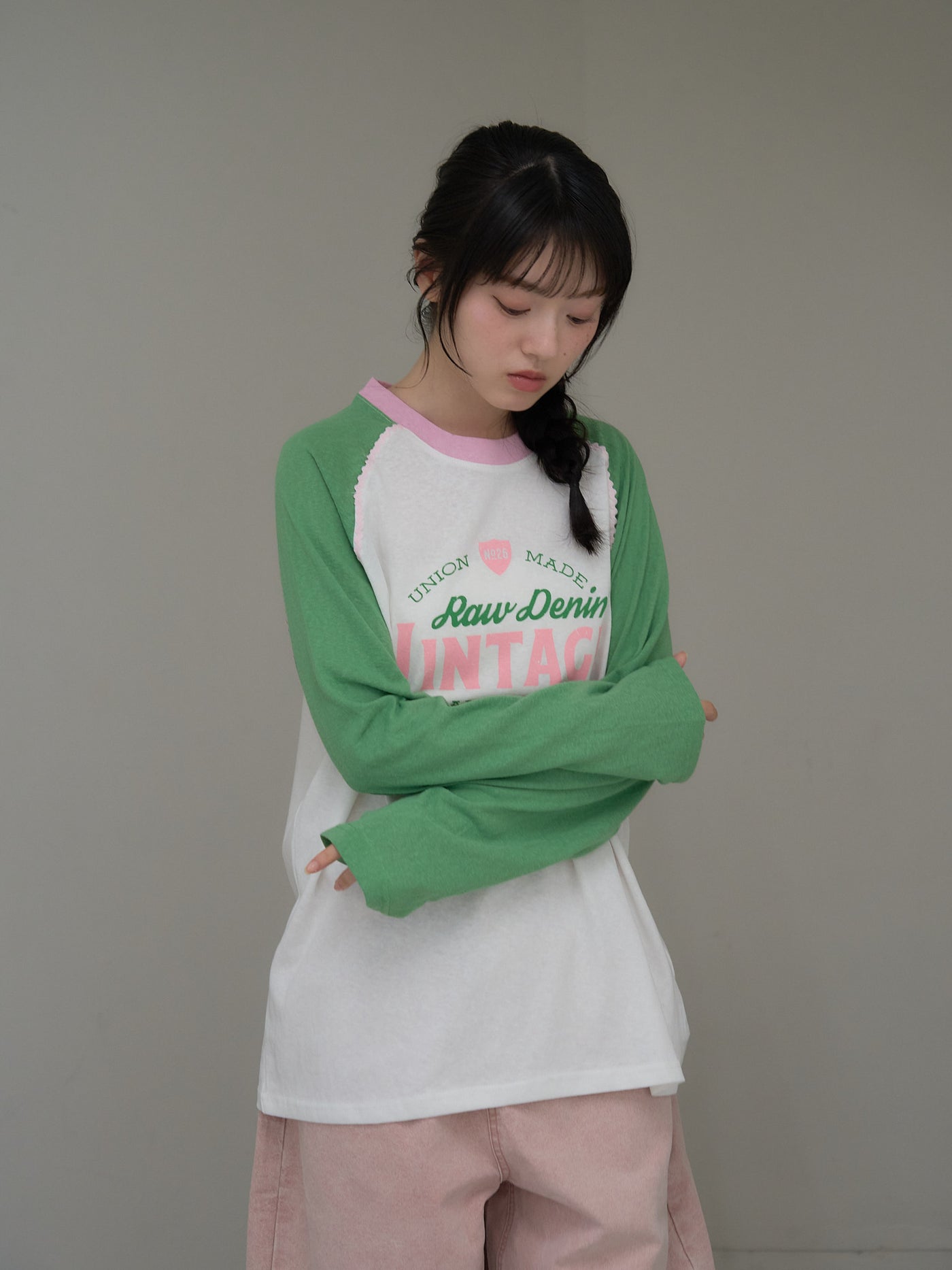 vintage raglan print long  tee