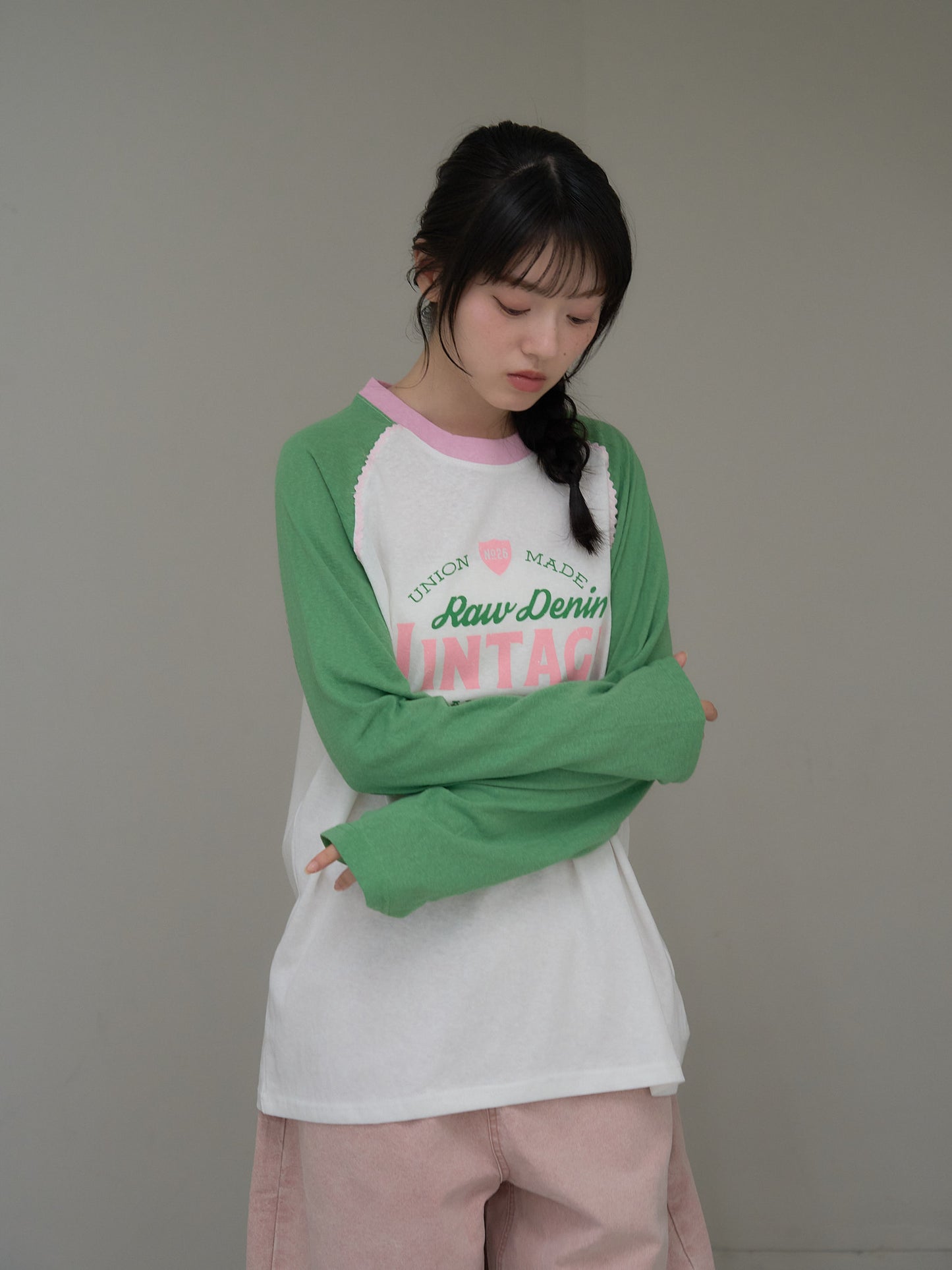 vintage raglan print long  tee
