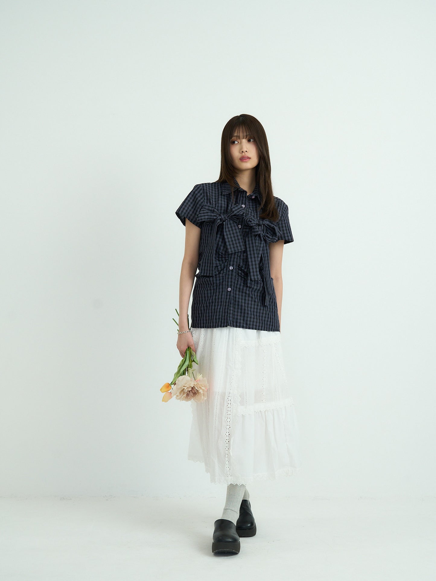 w ribbon check blouse