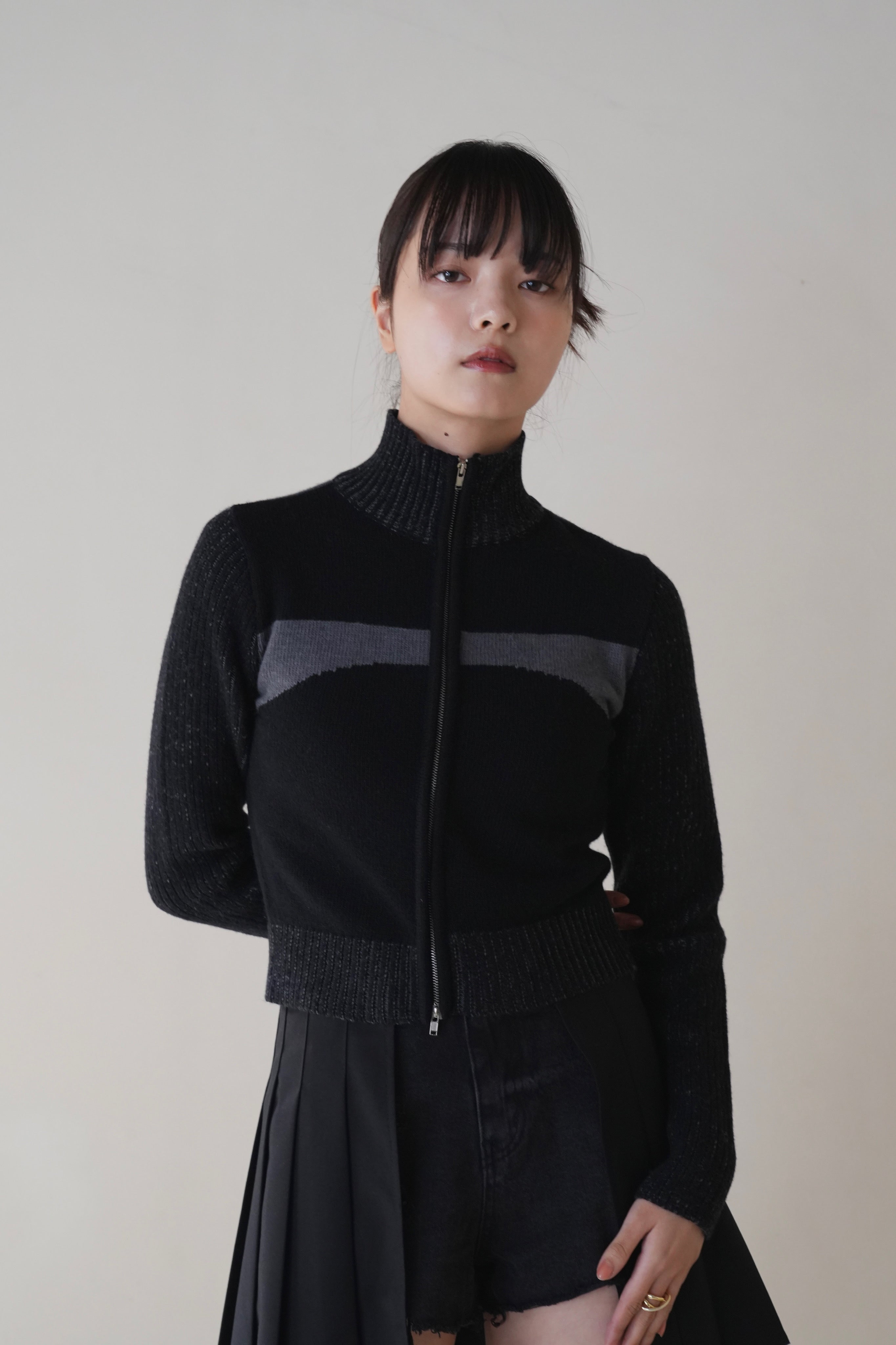 high neck zip rib knit
