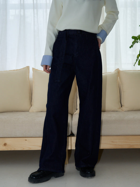 belted high waist denim pants