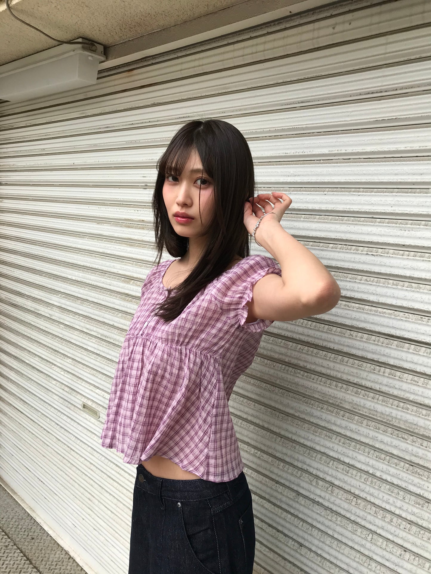 チェック オフショルブラウス カジュアルガーリー レディース Uenui