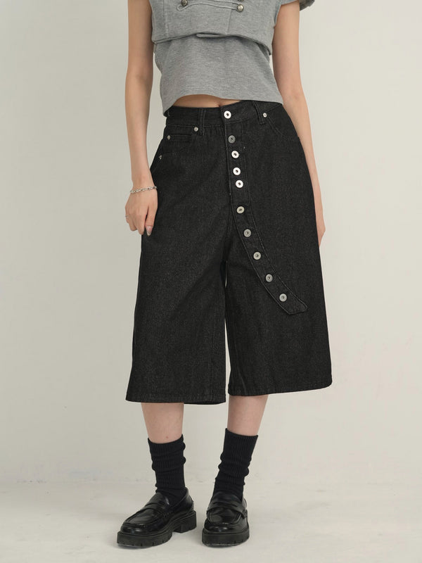 asymmetry button half denim pants