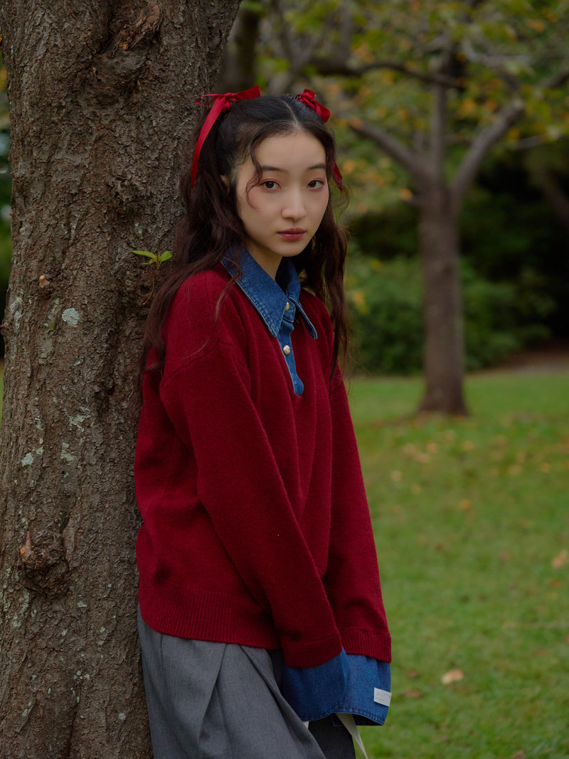 denim collar knit pullover