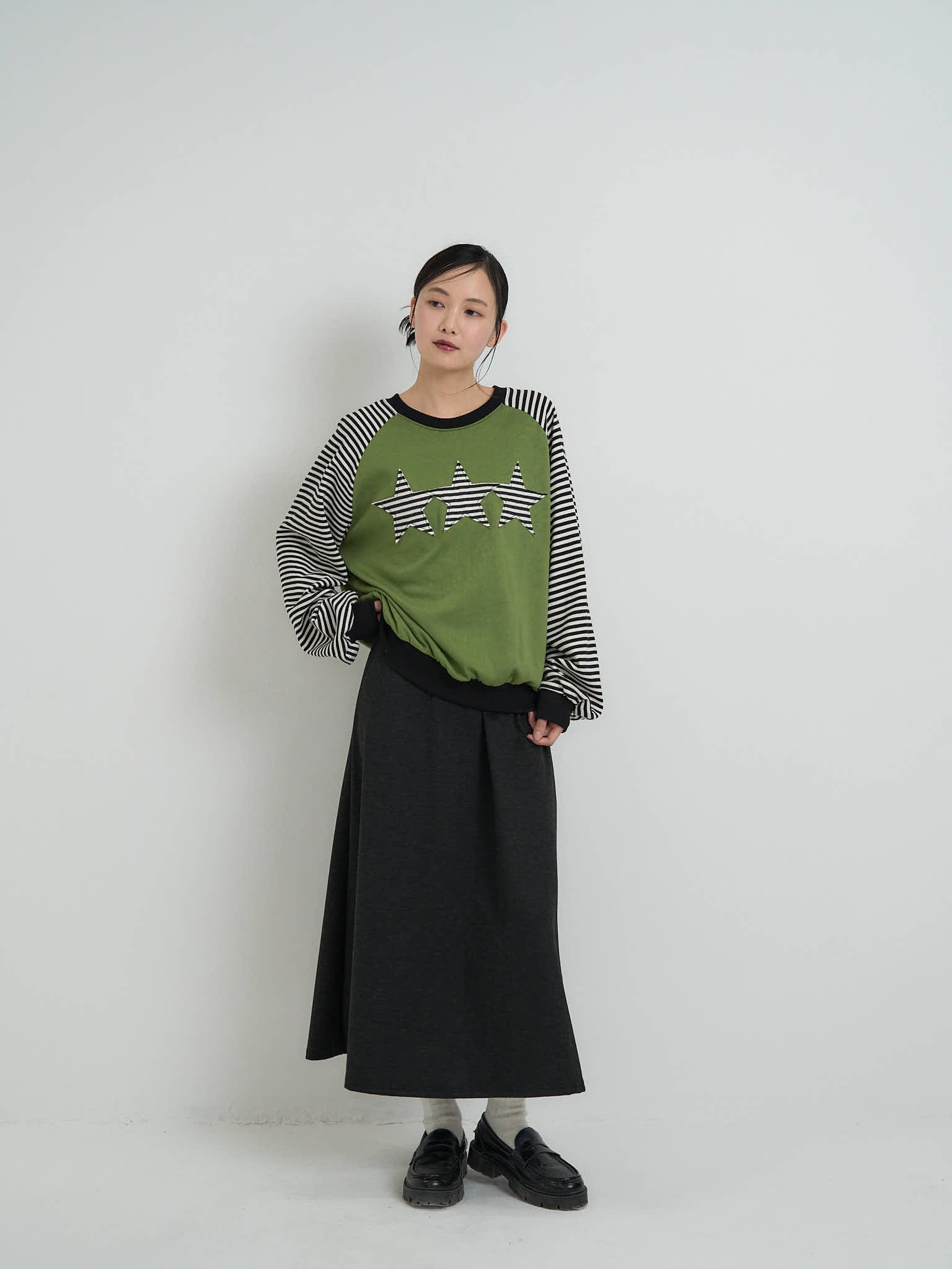 star patch border long tee｜オーバーサイズボーダートップス｜uenui