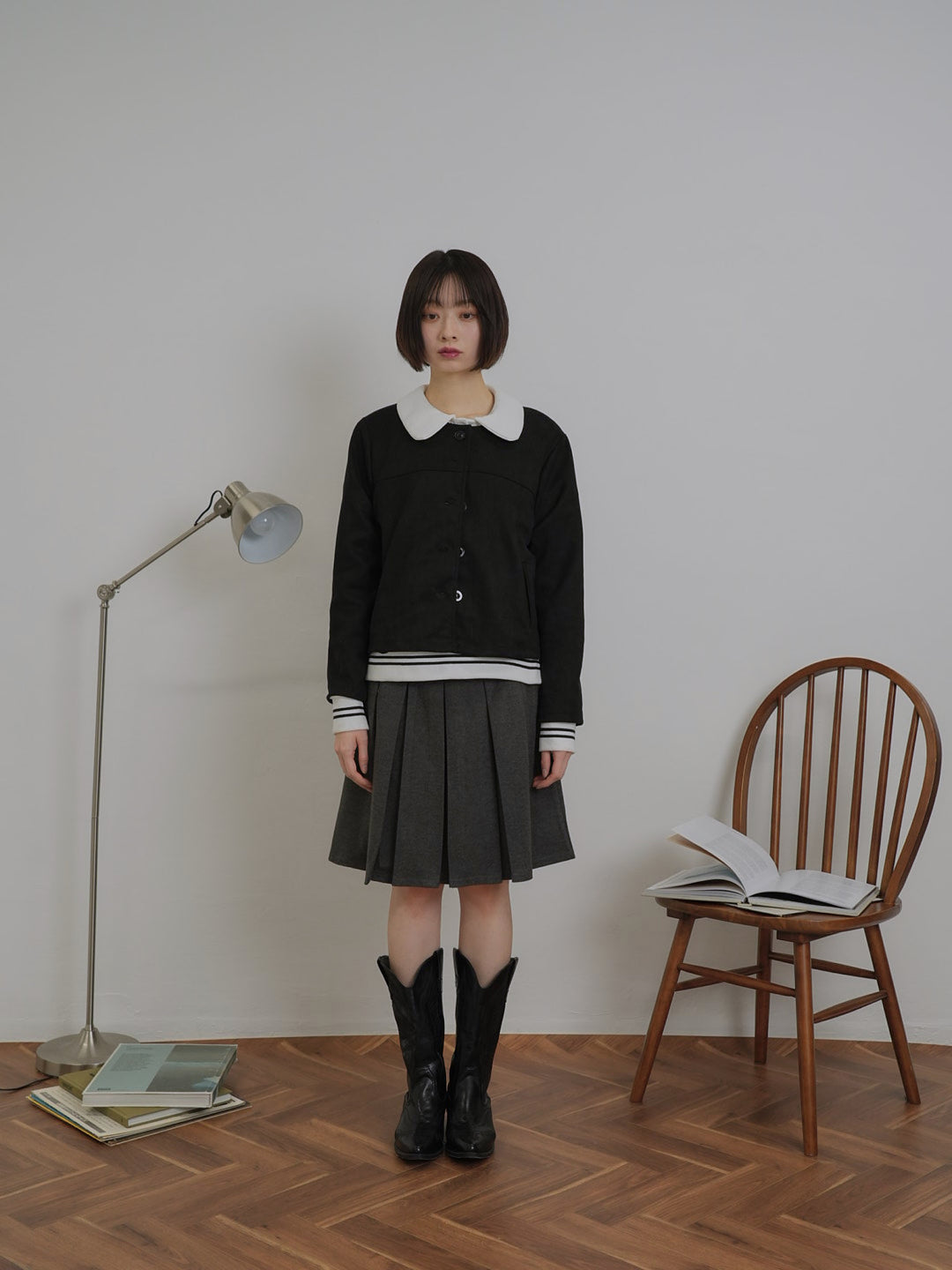 collarless suede jacket