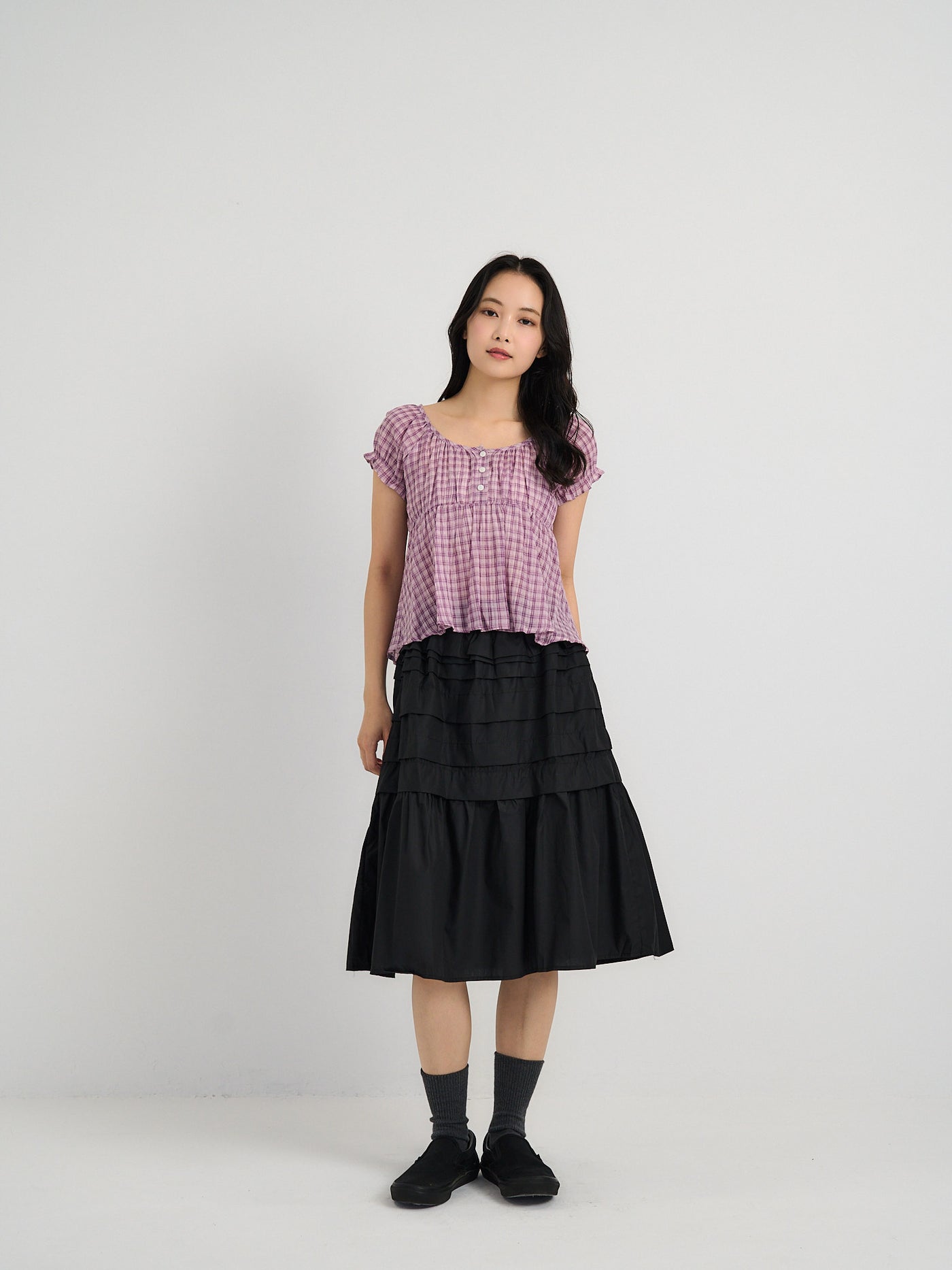 tiered pleated midi skirt