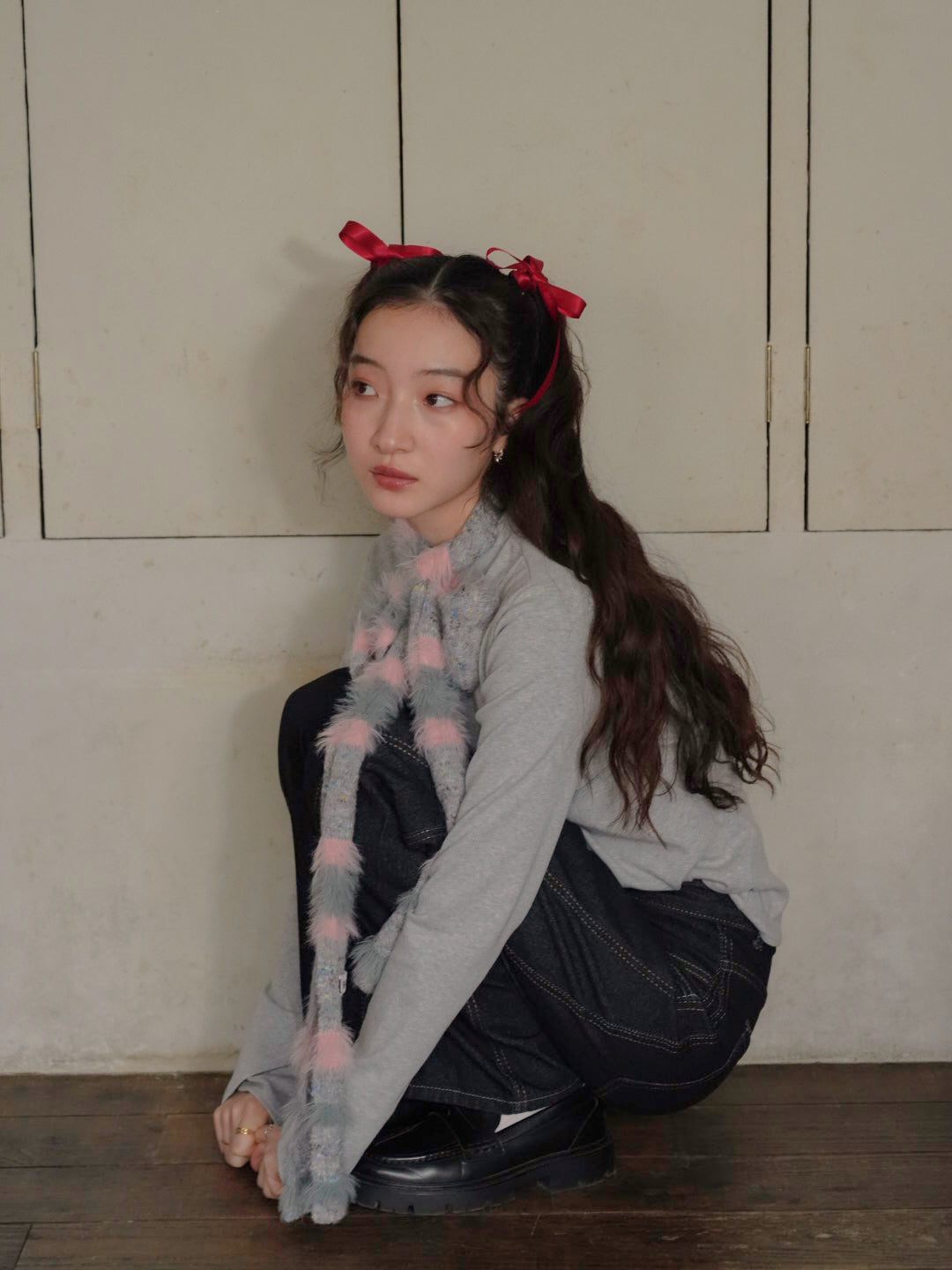 furry stripe knit muffler