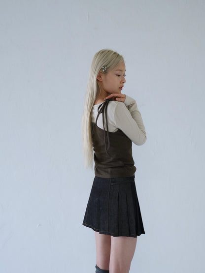 denim pleated mini skirt