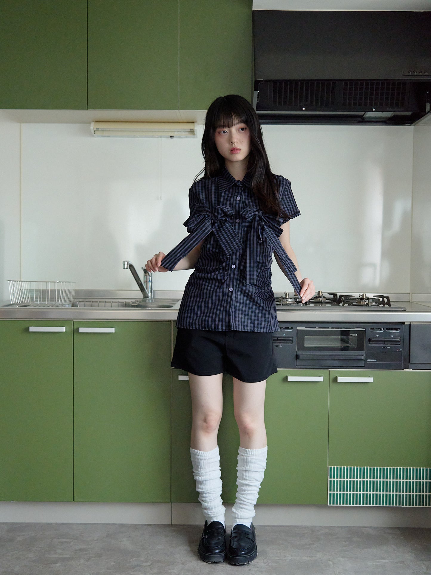 w ribbon check blouse