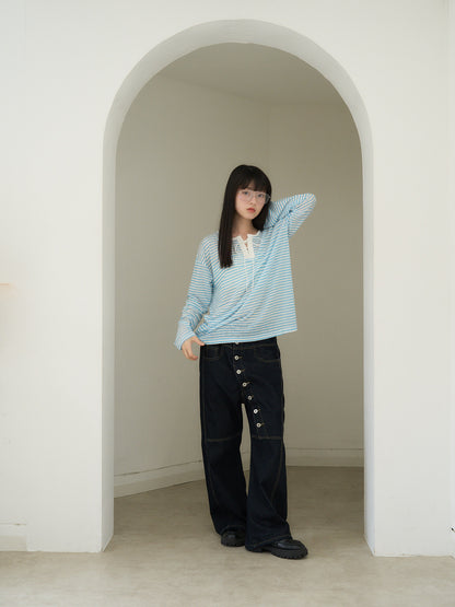 asymmetry button denim pants