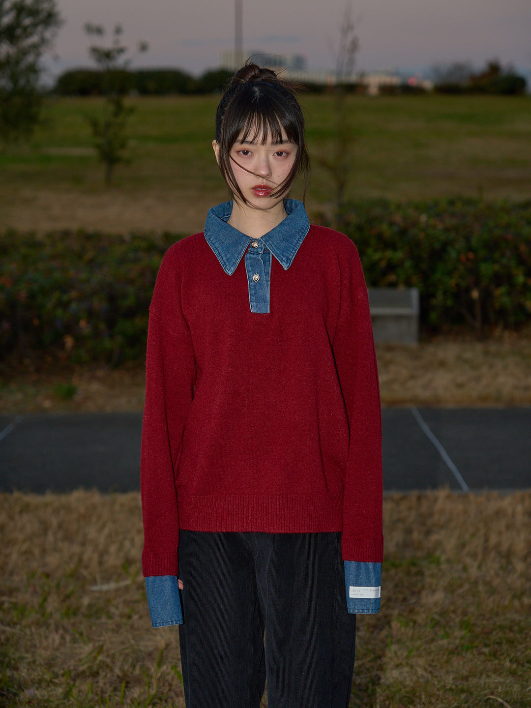 denim collar knit pullover