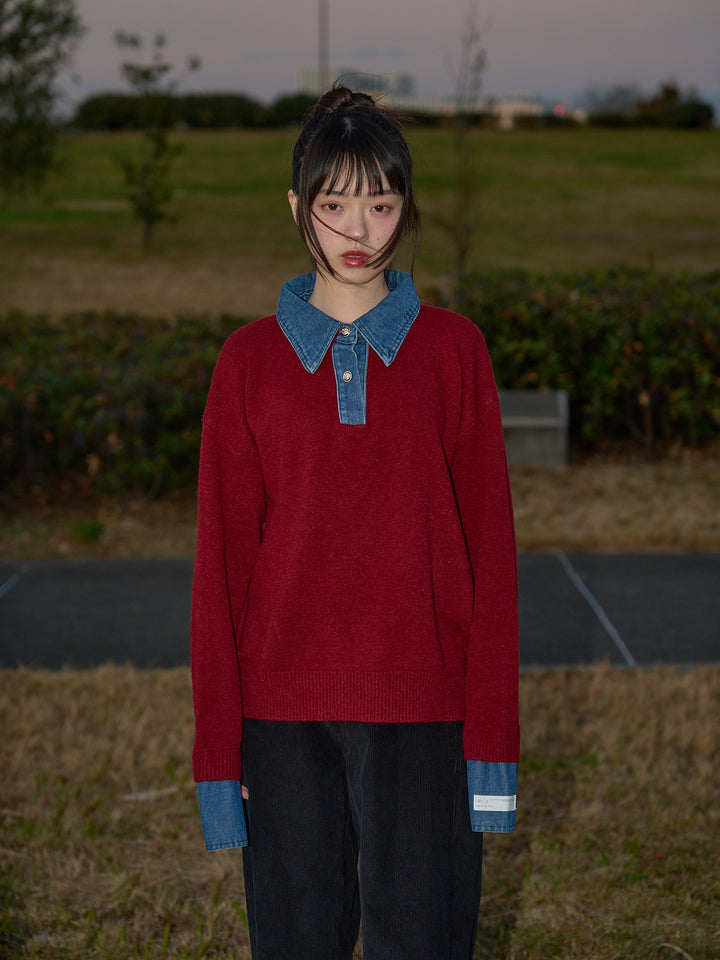 denim collar knit pullover