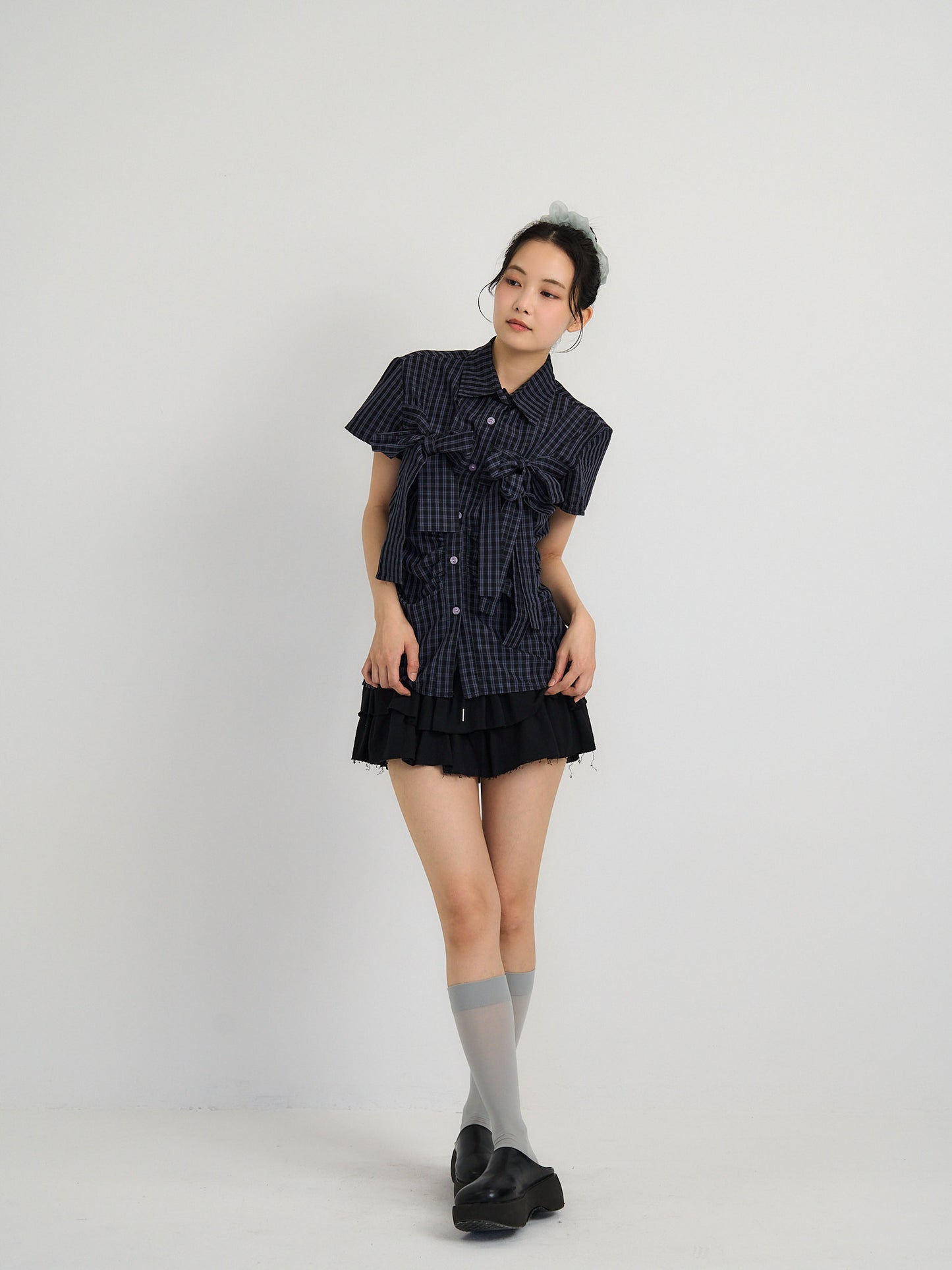 w ribbon check blouse