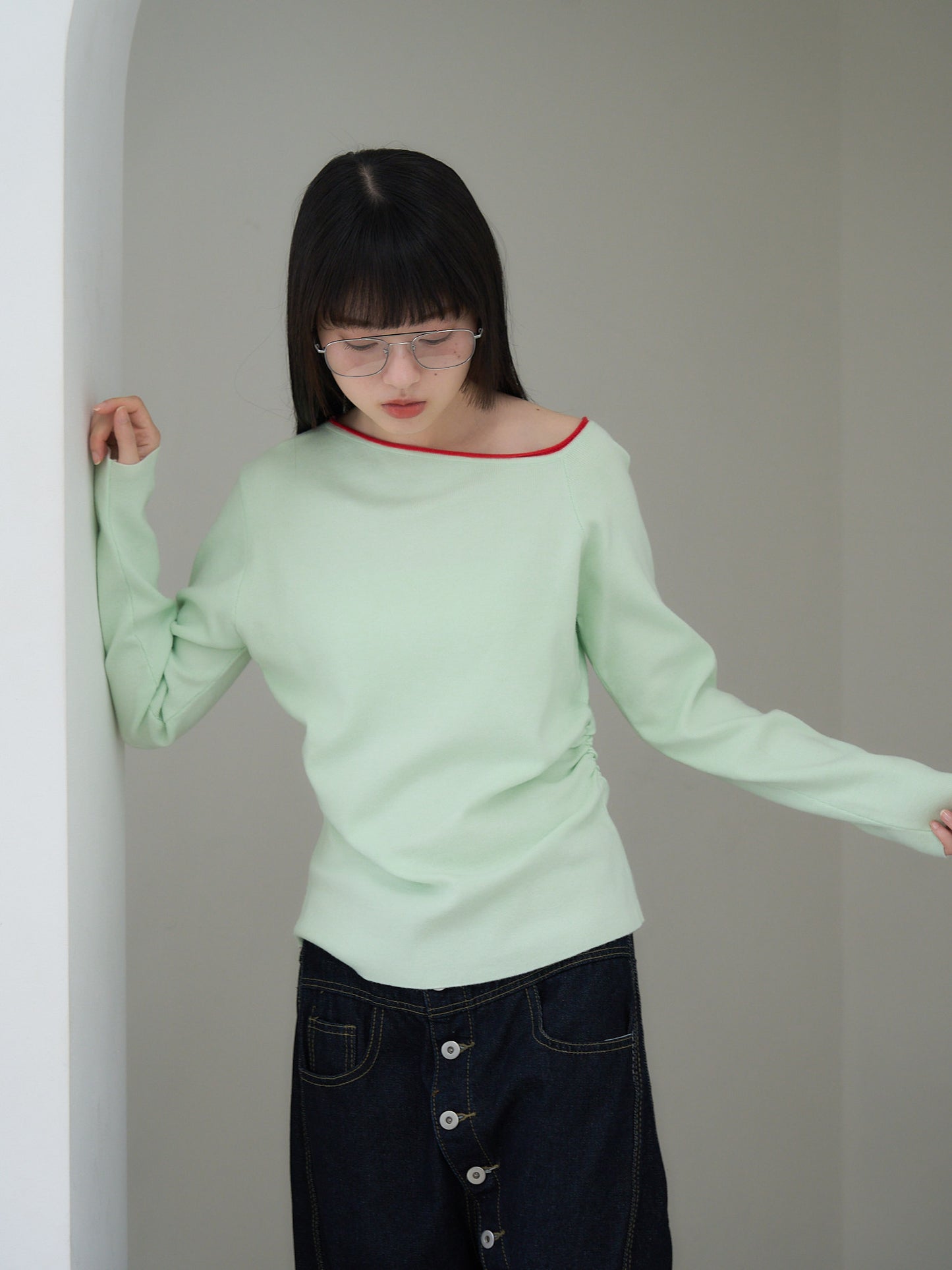 colorblock asymmetry shoulder knit