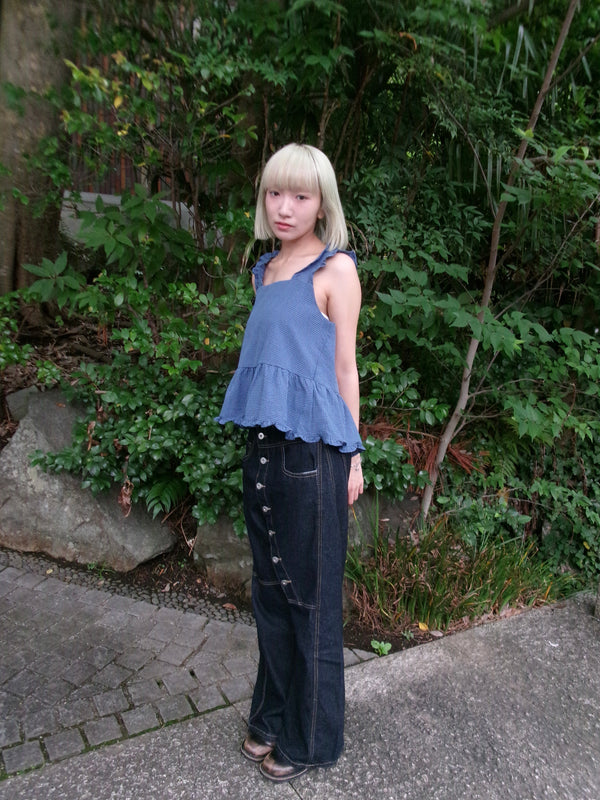 asymmetry button denim pants