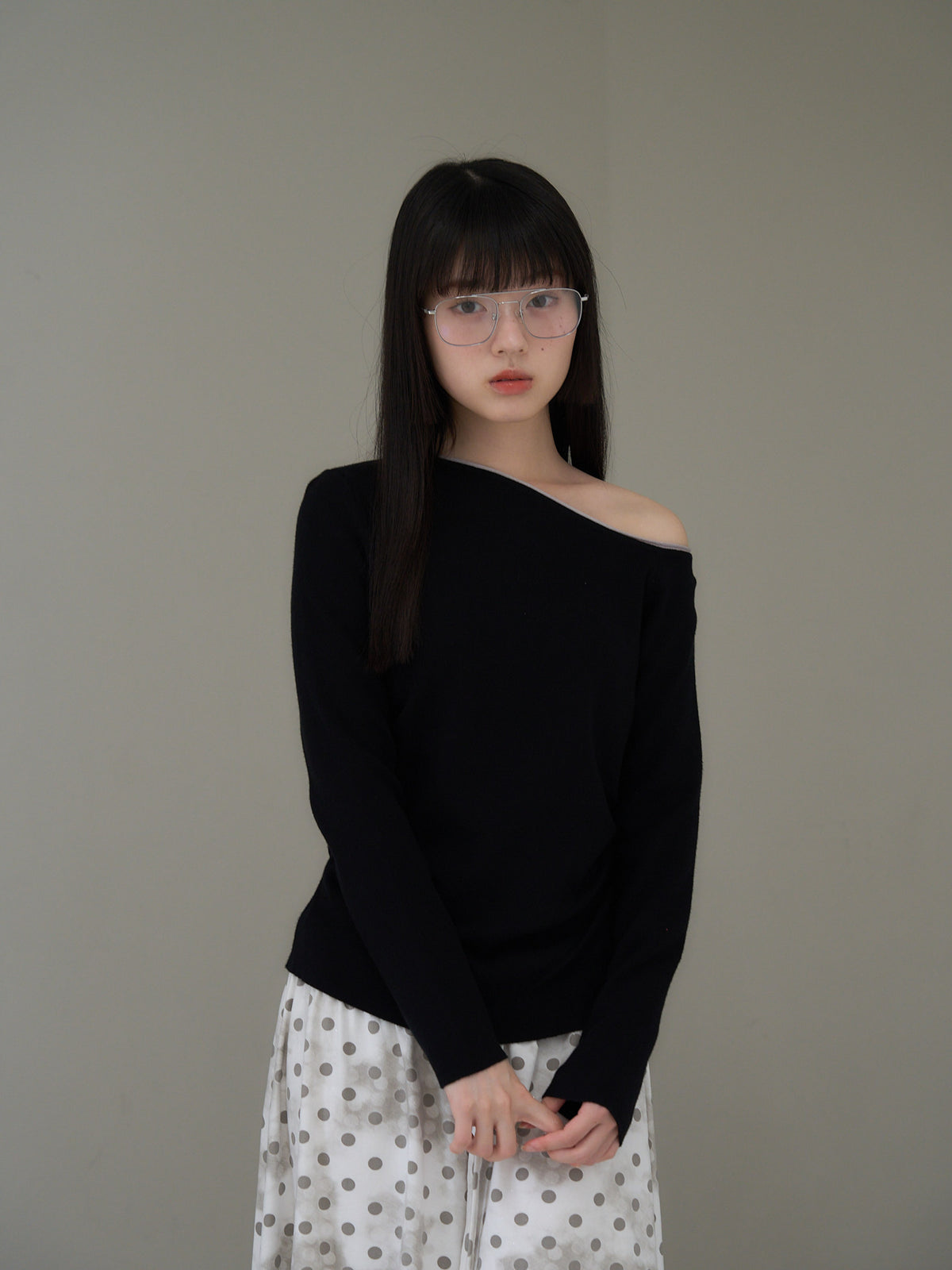 colorblock asymmetry shoulder knit