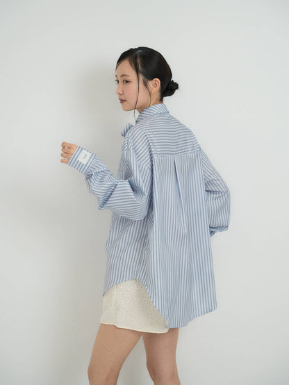 blue stripe bow tie blouse