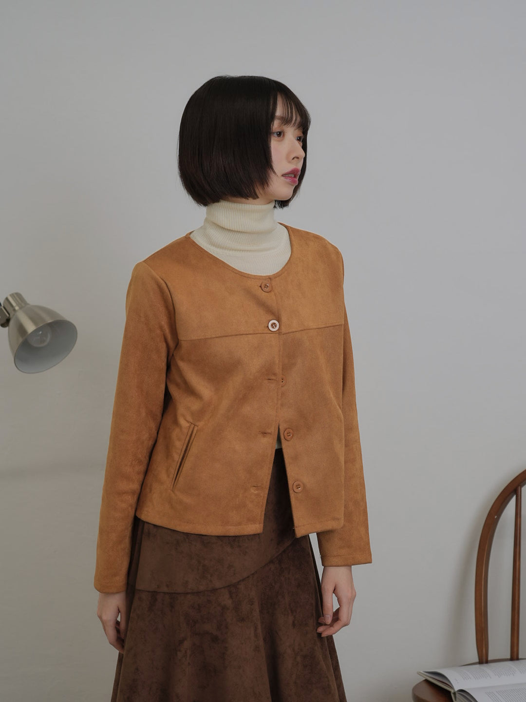 collarless suede jacket