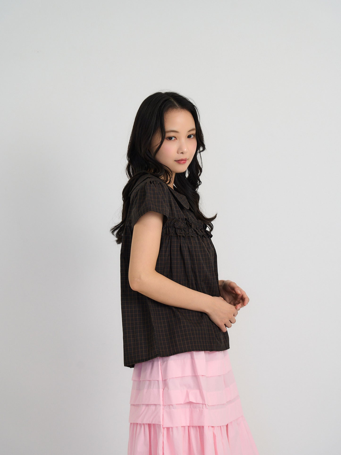 check frill collar blouse