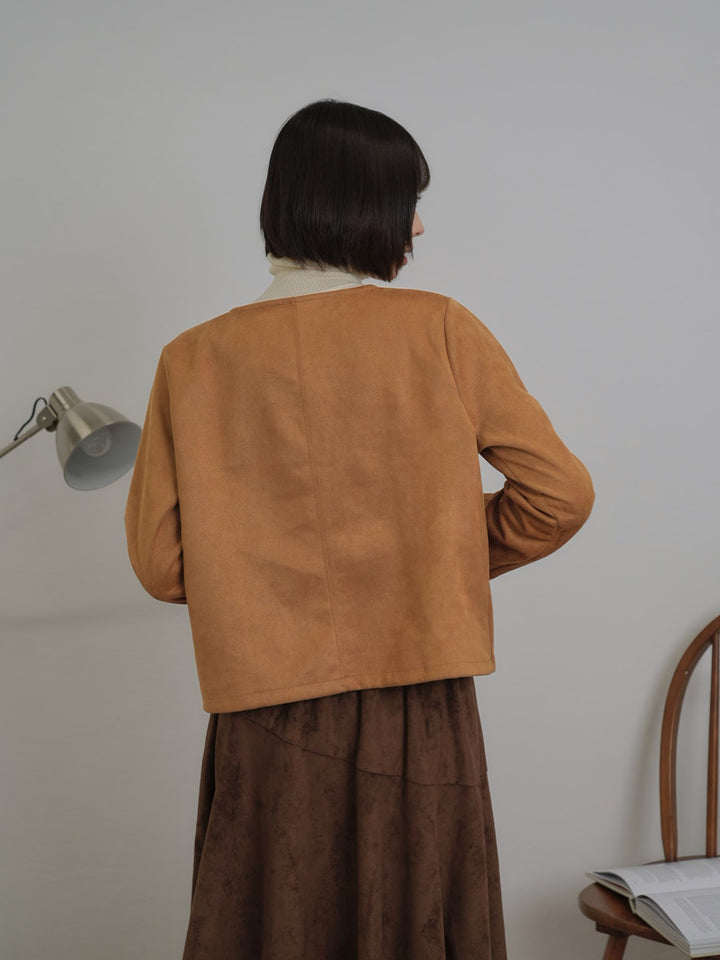 collarless suede jacket