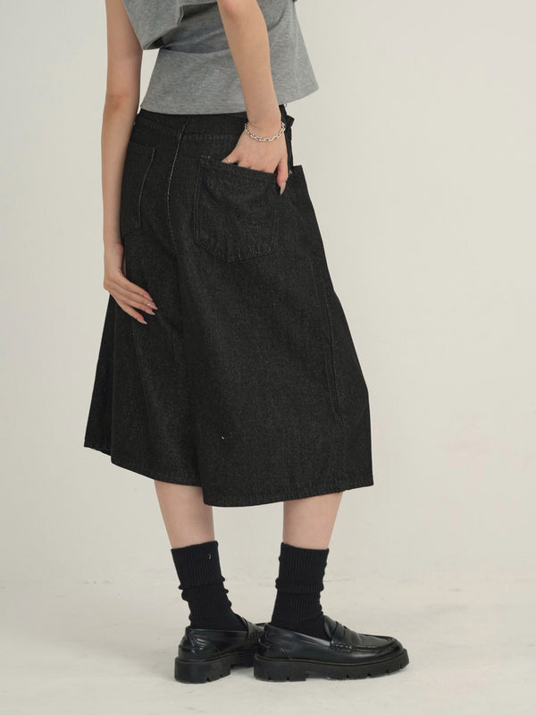 asymmetry button half denim pants
