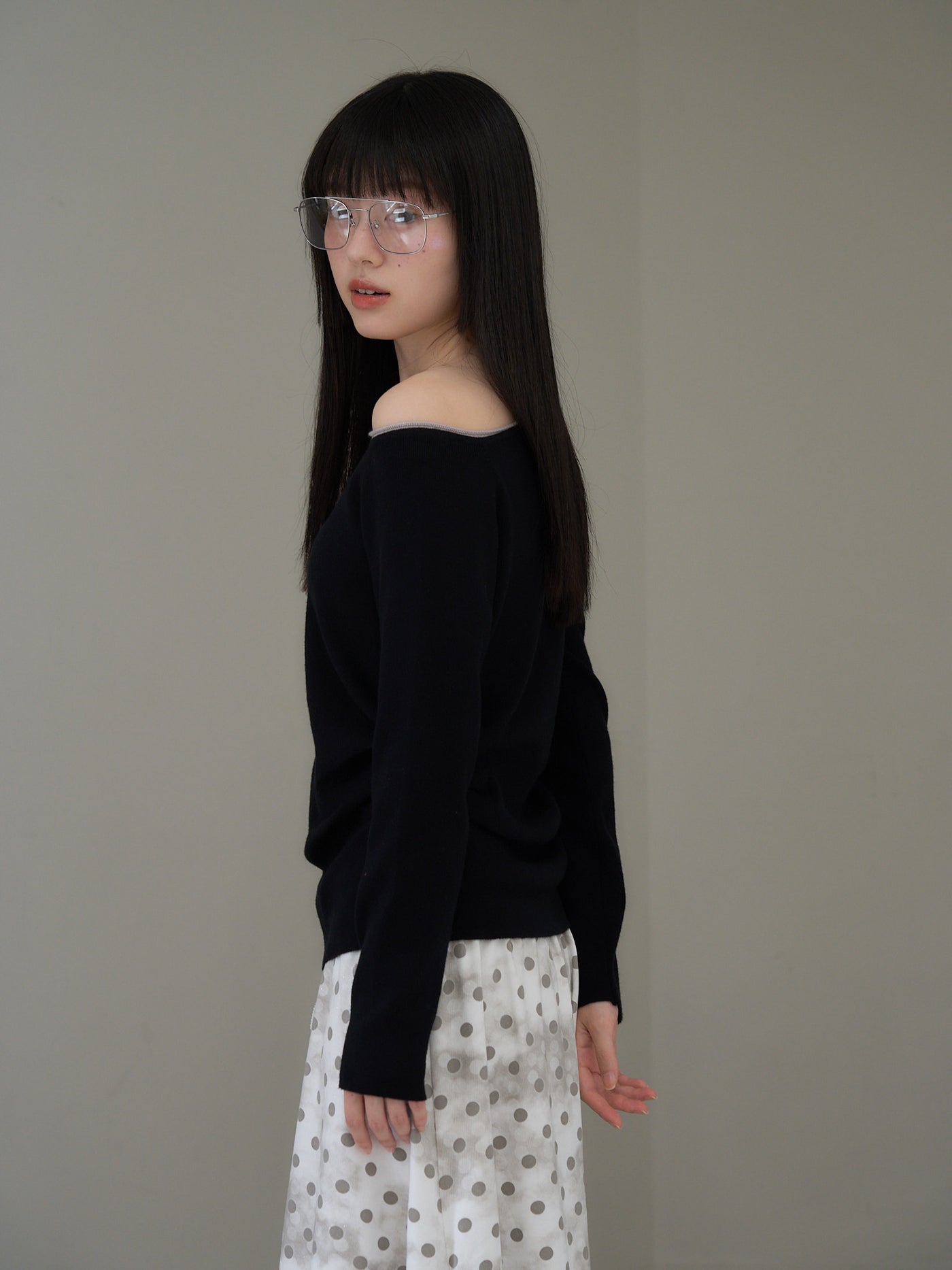colorblock asymmetry shoulder knit