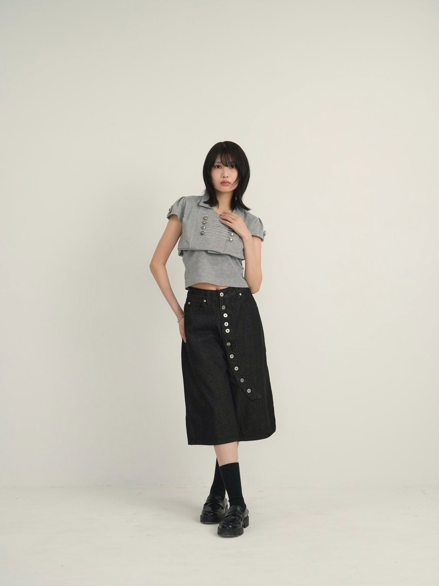 asymmetry button half denim pants