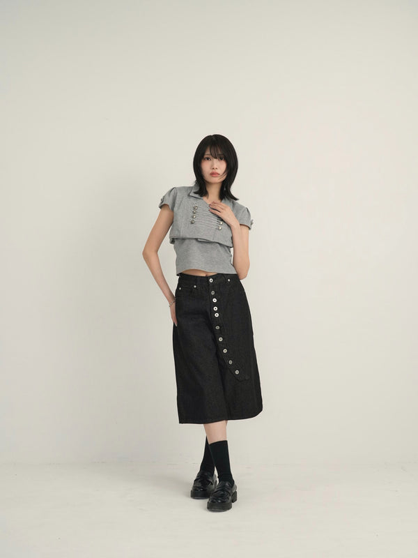 asymmetry button half denim pants