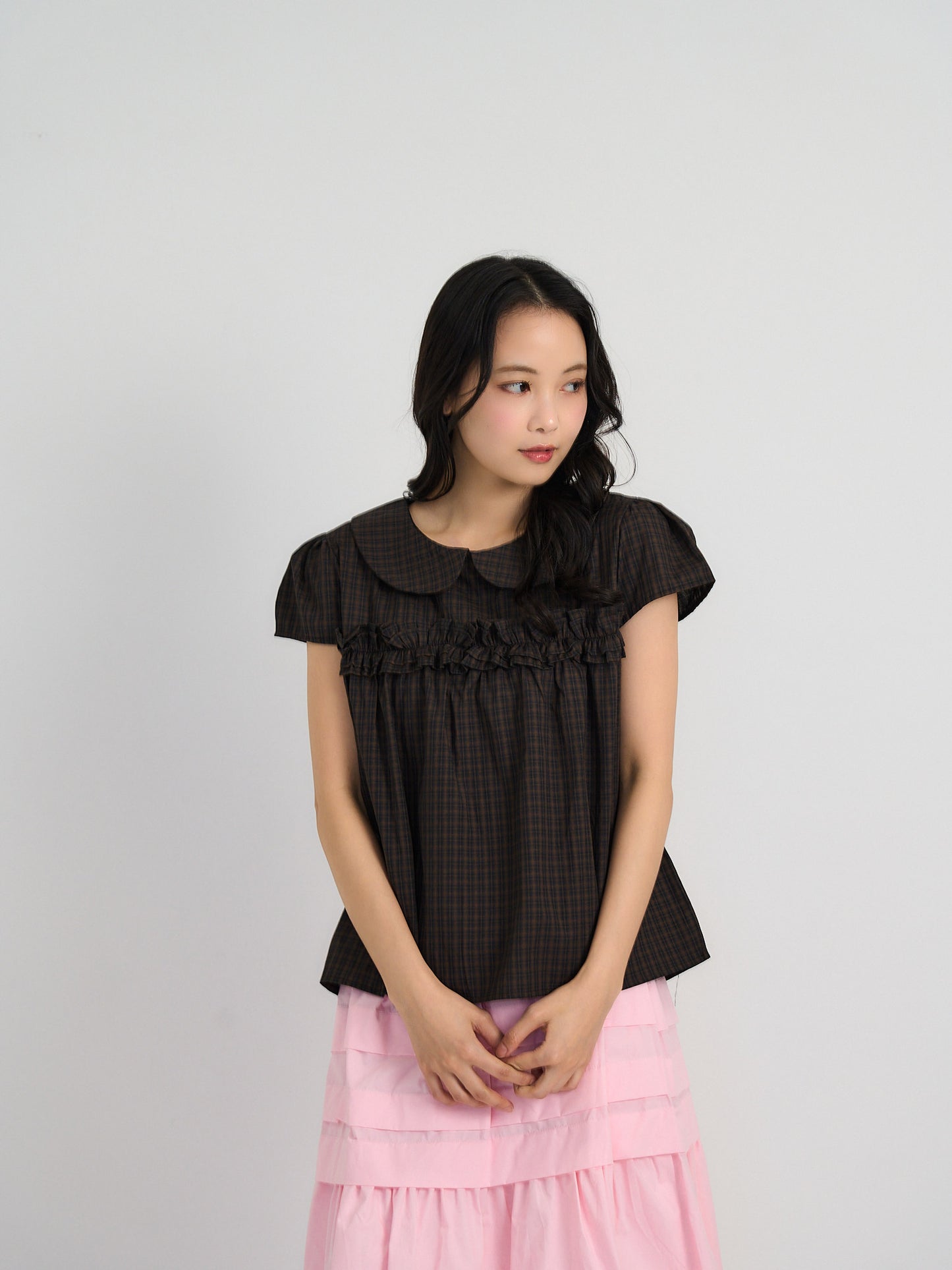 check frill collar blouse