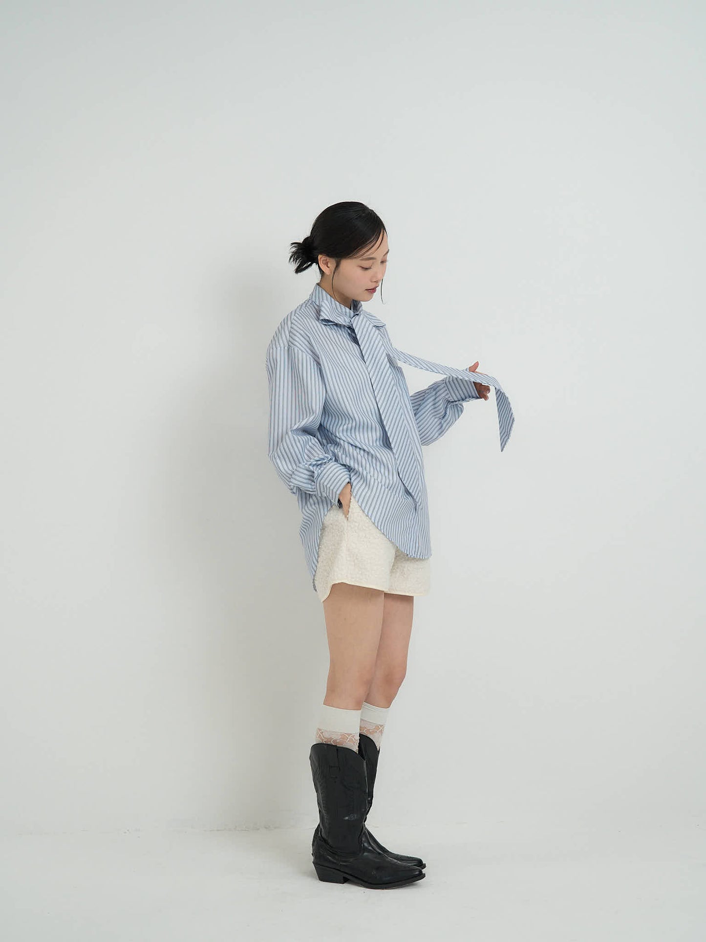 blue stripe bow tie blouse