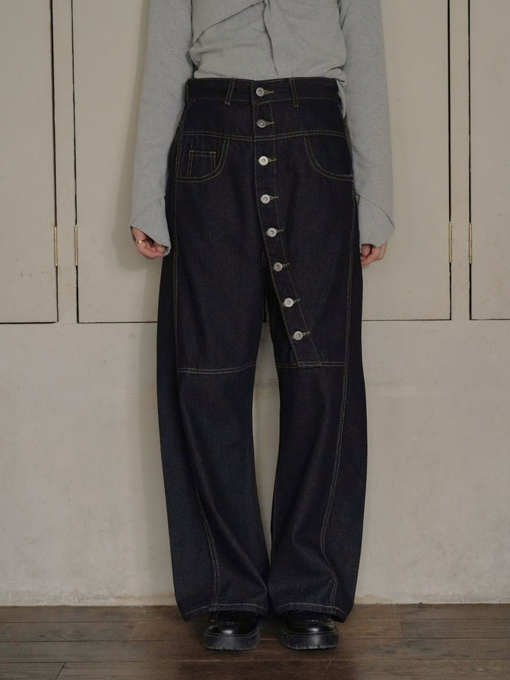 asymmetry button denim pants