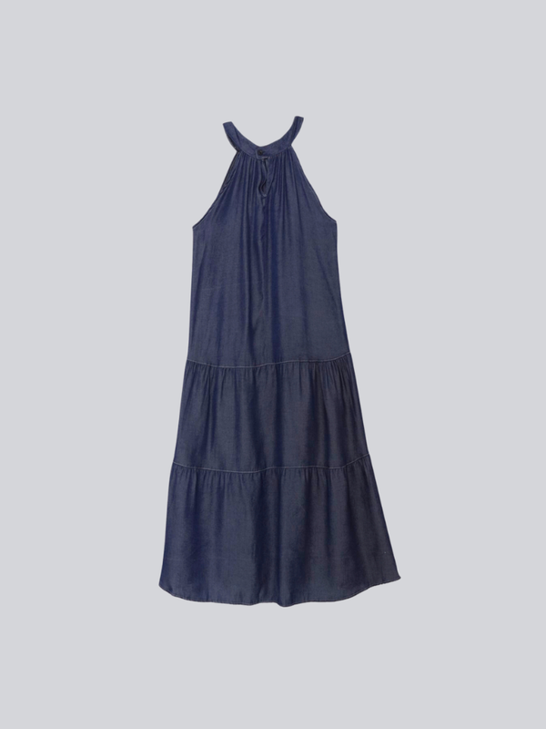 denim tiered halter dress