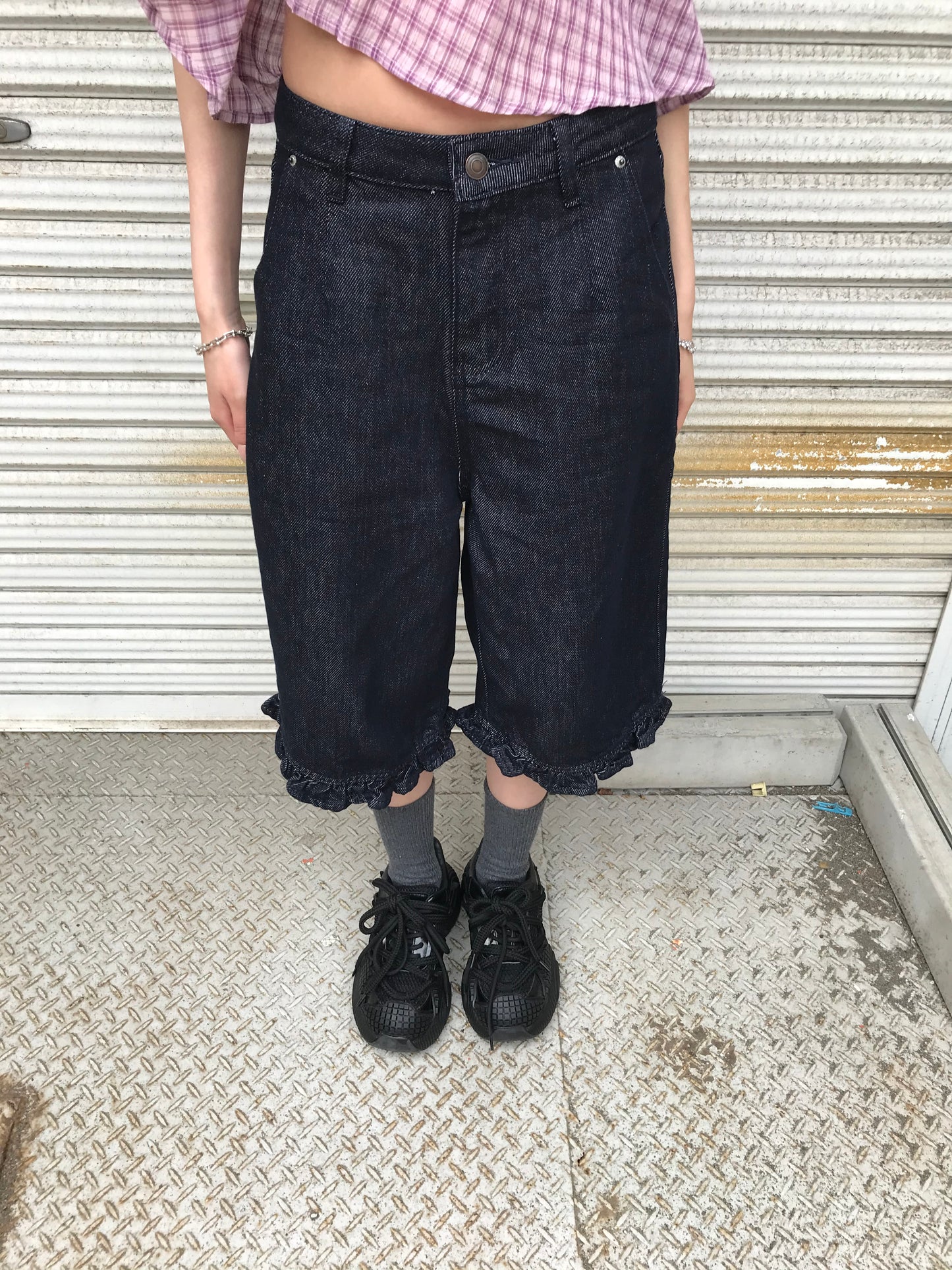 frill hem wide denim pants