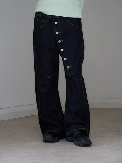 asymmetry button denim pants