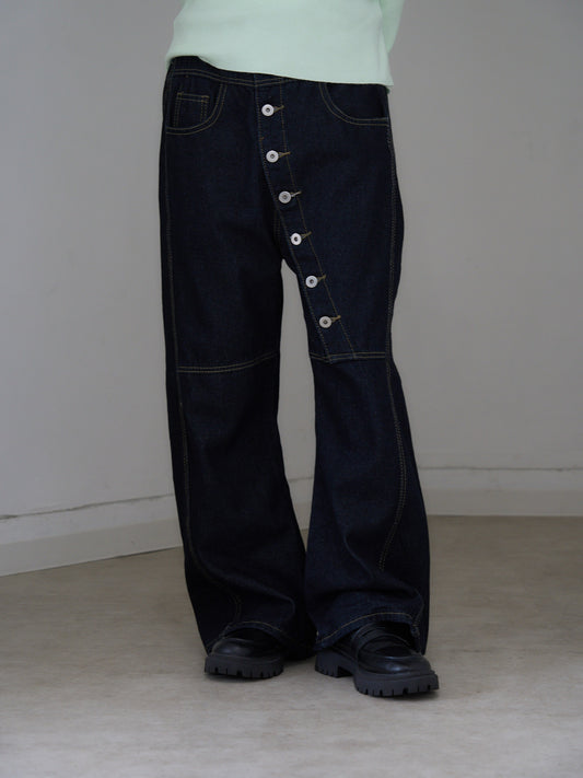 asymmetry button denim pants