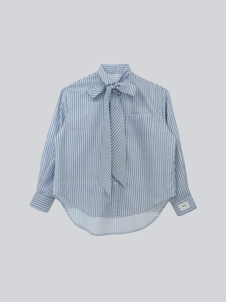 blue stripe bow tie blouse