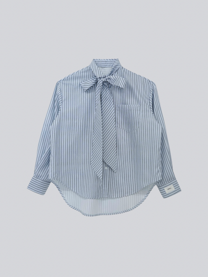 blue stripe bow tie blouse