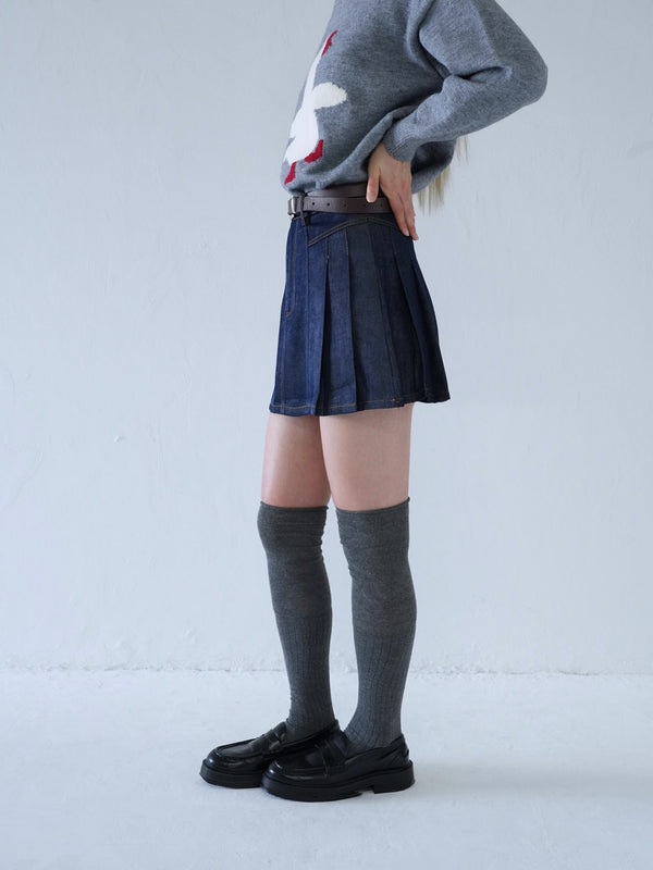 denim pleated mini skirt